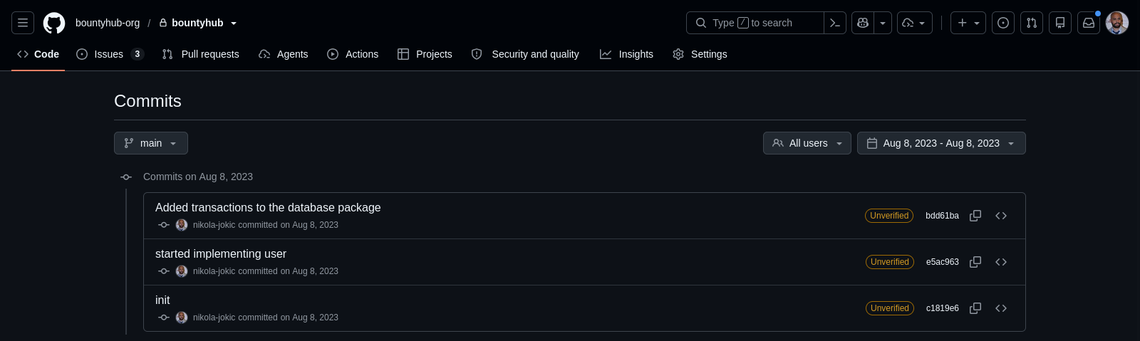 Screenshot of the first commit to the BountyHub repository